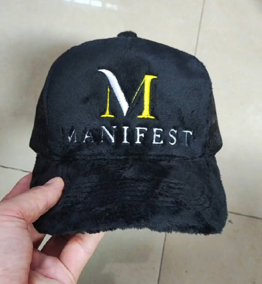 BLACK FUZZY VELVET MANIFEST TRUCKER HAT