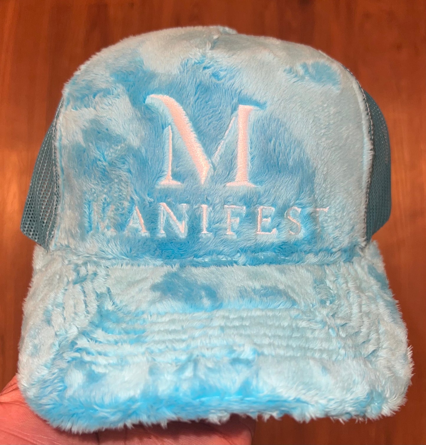 SKY BLUE FUZZY VALVET MANIFEST TRUCKER HAT