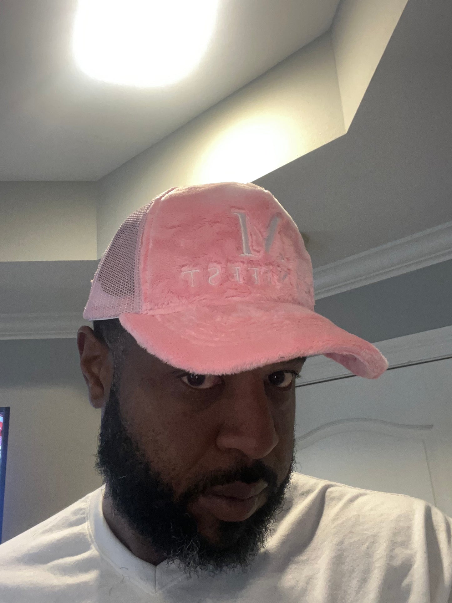 PINK FUZZY VALVET MANIFEST TRUCKER HAT